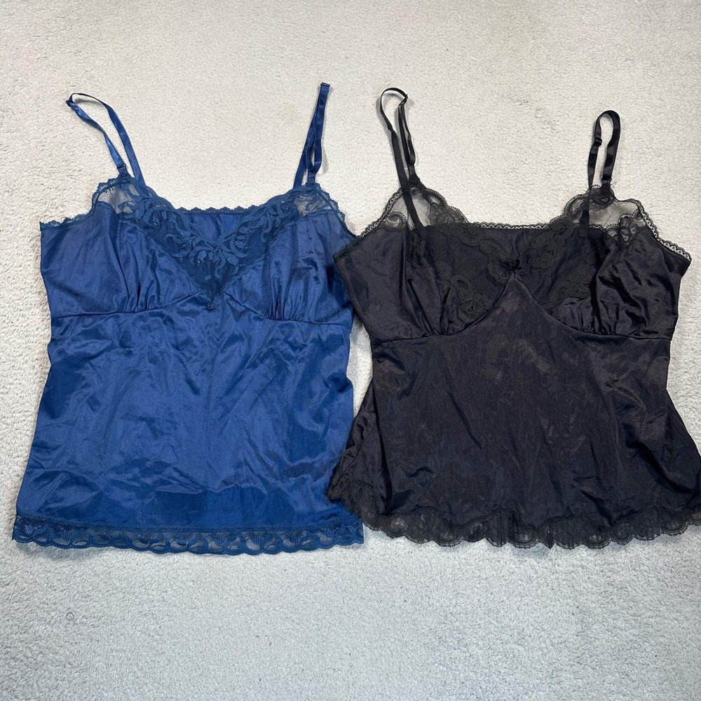 Vintage Ashley Taylor Camisole Women L Blue Black Lace Trim Silky Cami Lot 2 USA